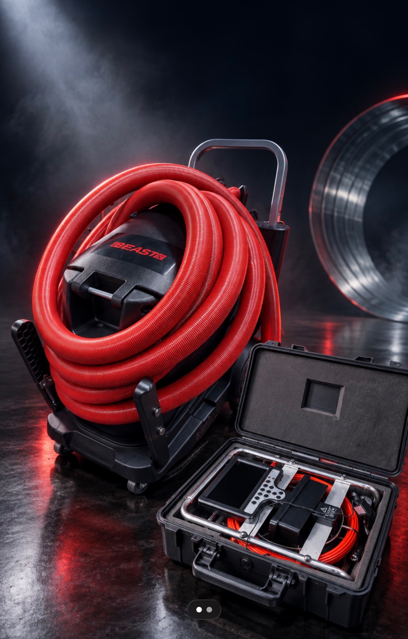 Air Control promotional image of the Rotobrush BrushBeast DR cleaning system with red hose and camera inspection equipment